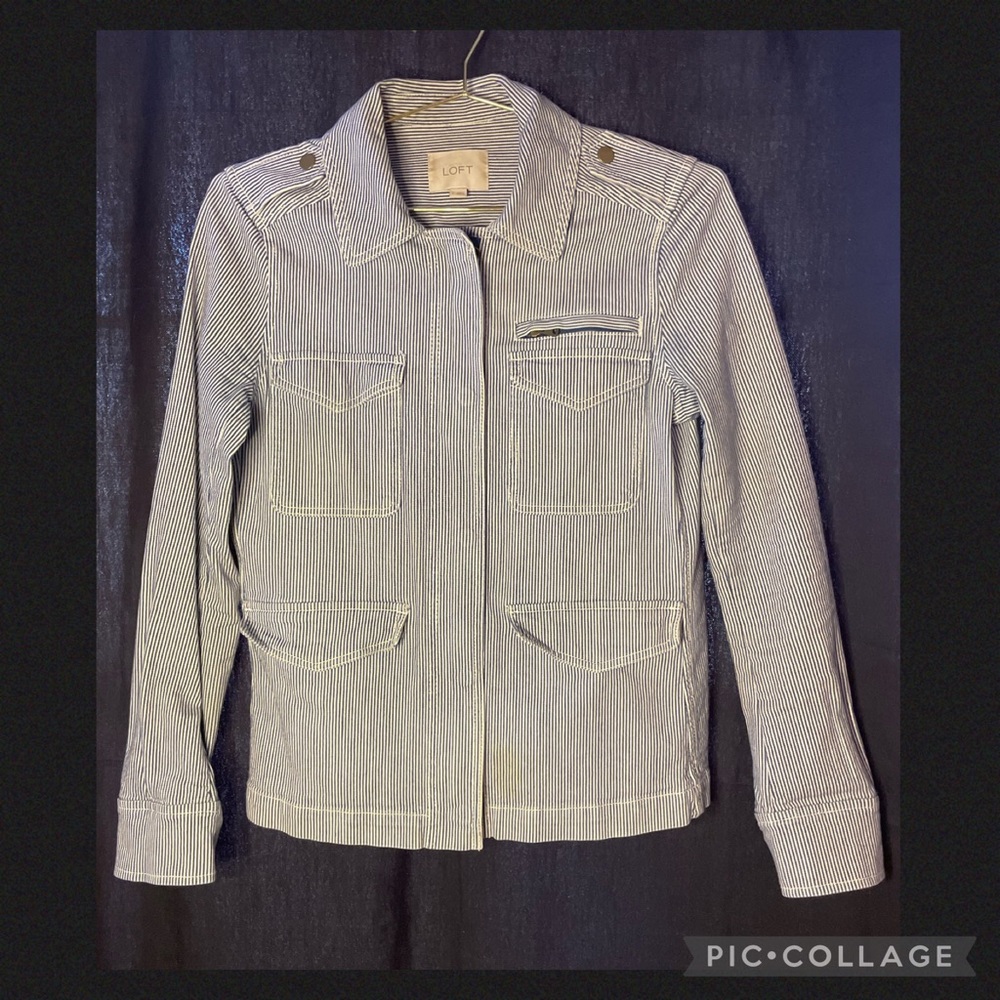 Ann Taylor Loft, Long Sleeve, Cotton Denim, Navy Striped Jacket Size S